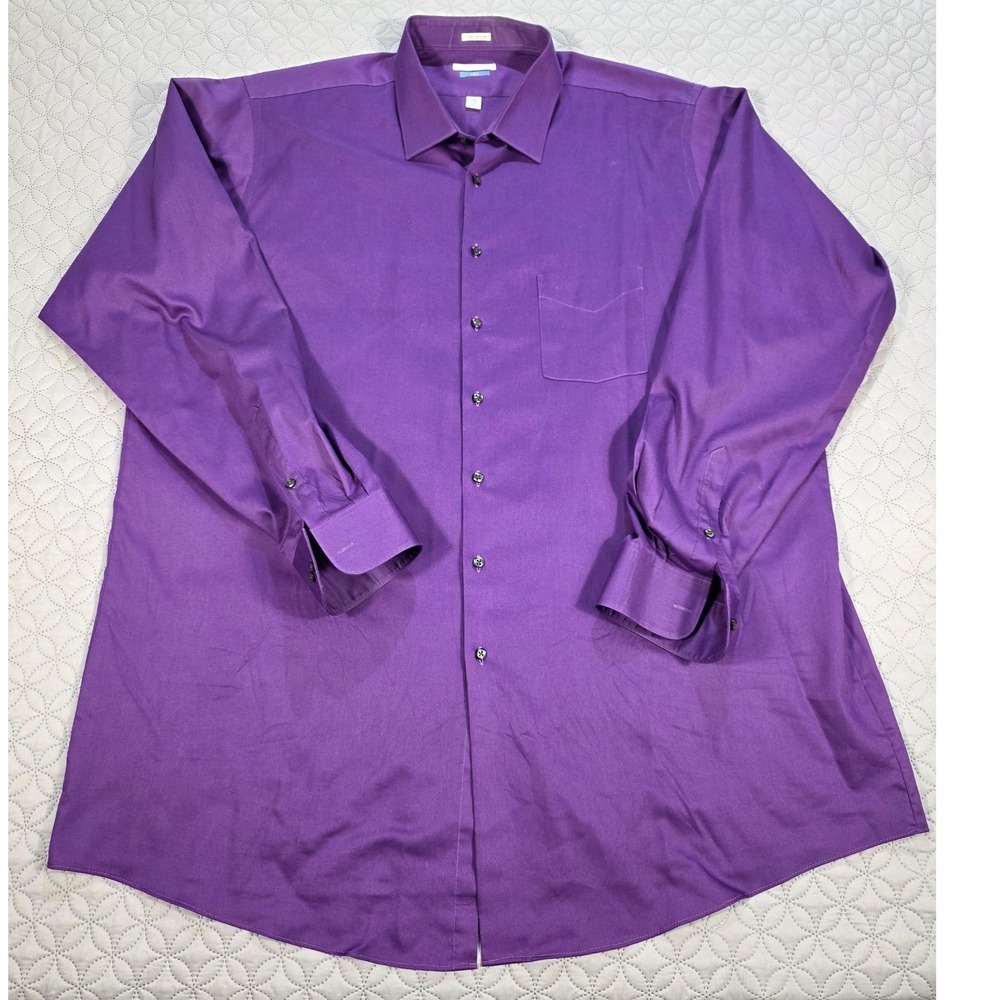 Van Heusen Lux Sateen Purple Dress Shirt Mens 19 37/38 Tall No Iron Button Down